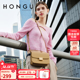 红谷包包女包新款牛皮单肩包时尚斜挎包小方包相机包圣诞礼物 浅卡其