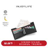 INJOYLIFE男女短款钱包 两折小钱包情侣真皮十字纹 青年简约皮夹 黑色 - 新LOGO
