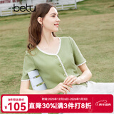 百图betu女装夏季新款T恤法式减龄蕾丝花边V领短袖T恤女2403T19 绿色 XS