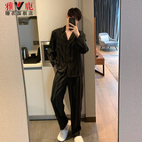 雅鹿冰丝睡衣男春秋夏天家居服男士仿真丝条纹秋季男生四季款套装 NSMLZ-2242-黑色【主推款】 L 男【100-125斤】