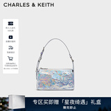 CHARLES&KEITH褶皱油蜡皮斜挎小方包手提包腋下包女士生日新年礼物CK2-80160183 Prism Silver银色(新色） S