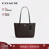 蔻驰（COACH）【品牌直供】女士FIONA24人造革手提单肩托特包胡桃木拼黑色CBT18