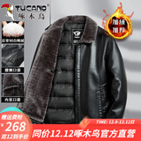 啄木鸟冬季羽绒服皮衣男爸爸外套冬装加厚保暖加绒皮夹克中老年人皮棉袄 A11黑色【后背90%白鸭绒】 L (175) 【适合101-115斤】