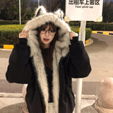南木熊棉服女冬季外套加厚座山雕猫耳朵高级感连帽毛领羽棉袄绒派克服 M 【95-115斤】