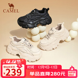 骆驼（CAMEL）老爹鞋女网布皮面拼接双系带厚底休闲鞋L24S283079R 杏色绒里 39
