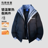马克华菲假两件格子拼接羽绒棉服男女冬季新款加厚棉衣外套 藏青色 L