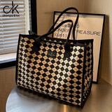 chongsukei小&ck单肩帆布包包女新款时尚外出手提购物袋大容量妈 菱格黑