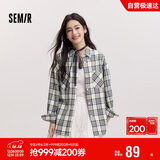 森马（Semir）长袖衬衫女春季中长款oversize翻领落肩格纹女生衬衣101125105007