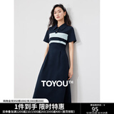 初语撞色条纹短袖polo裙女2024夏季新款复古减龄宽松连衣裙长裙 藏青色 XL