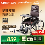 鱼跃(yuwell)手动轮椅车H059B老人半躺护理型带坐便椅餐板钢管可折叠