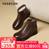 意尔康皮鞋坡跟妈妈鞋简约拉链婆婆鞋加绒保暖女靴 4552W 棕色 38 