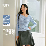 森马（Semir）长袖T恤女春季短款不对称荡领斜肩露肩紧身2026上衣109126101001