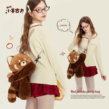小羊古力小熊猫趴趴包斜挎包女可爱时尚毛绒包包双肩背包女包学生生日礼物 网红小熊猫趴趴包 中包