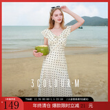 三彩2025夏季新款提花连衣裙波点印花荷叶边收腰长裙法式M 米白色花卉 M 160/84A