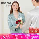 金三塔真丝睡衣女100%桑蚕丝外穿丝滑亲肤两件套睡裤居家服礼物 19姆米黛青色 L