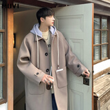 牧唯 毛呢大衣男中长款秋冬季潮牌高级感连帽外套青少年学生痞帅加厚 F607米白色 XL [建议125-140斤]