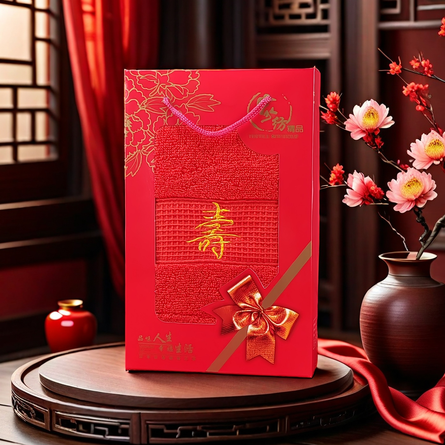 洁丽雅（Grace）纯棉大红毛巾寿宴婚礼出嫁答谢回礼本命年新开业佛事祈福绣字定制 大红寿字毛巾盒装 1条 0g
