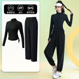 百思绒大码速干跑步运动套装女春季羽毛球服长袖上衣阔腿长裤健身瑜伽服