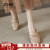 ZHR乐福鞋女一脚蹬真牛皮粗跟单鞋懒人鞋方头舒适英伦皮鞋女BL66杏37