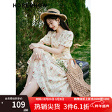 红袖100%棉氛围感连衣裙夏季新款女装 印花高级感小众收腰V领显瘦长裙 米底花611 S