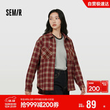 森马（Semir）长袖衬衫女春季中长款oversize翻领落肩格纹女生衬衣101125105007
