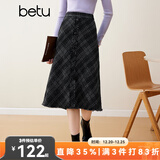 百图betu女装秋冬新款半身裙时髦复古格高腰毛呢半身裙女2310T79 黑色 S