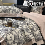 水星系列家纺新款简约风磨毛100S高支长绒棉四件套植物数码印花全棉床罩床笠用 长绒棉--华尔兹--粉 床单款 1.8M 床单款 （被套200*230cm）