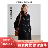 VEGA CHANG圣诞新年红黑色呢子大衣女2025年冬新款加厚骐骥红格纹拼接外套 锆石黑 M