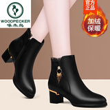 啄木鸟粗跟真皮小短靴女马丁靴2025新款秋冬季女鞋高跟中跟靴子女士皮鞋 黑色加绒 37