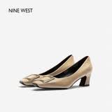 NINE WEST玖熙牛漆皮革女单鞋优雅方头浅口粗跟通勤鞋NH434045FK 杏色 38