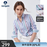 Navigare意大利小帆船衬衫女长袖春季通勤条纹衬衣纯棉高档职业女装 牛仔蓝/白 XL