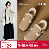 ZHR勃肯鞋女2025年冬加绒真牛皮棉鞋女羊羔毛豆豆鞋女AB55B卡其色39