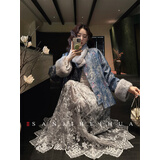 三吉黑花【明星北京同款】【扶光】新中式珠片刺绣丝绒半身裙蕾丝 银灰 L