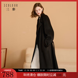 三彩【100绵羊毛】2025冬季新款长款双面呢大衣翻领宽松M 经典黑 XS 150/76A