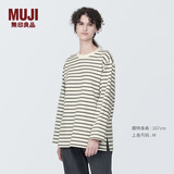 MUJI女式 粗棉线圆领长袖T恤 上衣打底衫女款内搭 纯棉秋季休闲女装 灰色条纹 4S L  (165/88A)