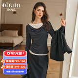 Olrain欧芮儿灰色长袖T恤女秋季新款蕾丝一字肩荡领双层上衣 灰色 M