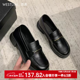 西遇乐福鞋女2025新款秋季简约法式一脚蹬小皮鞋通勤黑色单鞋 黑色 预售15天 35