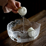 日式锤纹玻璃茶洗水洗杯笔洗水盂镶锡花大号耐热果盘水仙花盆茶具 玻璃茶洗_锤纹款+锡花