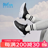 361°儿童运动鞋男童跑鞋秋冬密网轻便魔术贴女童皮革加绒保暖运动鞋 【皮革】碳黑/361度白 37