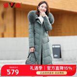 雅鹿新款女装修身长款大毛领时尚白鸭绒显瘦保暖加厚羽绒服LD 豆绿 170/XL