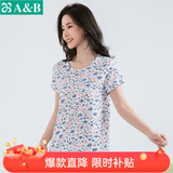 AB母亲节纯棉女中老年夏薄款家居服妈妈上衣宽松大码印花短袖汗衫 蓝粉花【上衣】 XL
