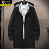 啄木鸟风衣秋冬季加绒加厚男中长款夹克宽松帅气大衣男士休闲上衣外套潮 黑色【常规款】 XL