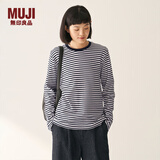 MUJI女式 双罗纹编织 圆领长袖T恤 上衣打底衫女装25年冬季 黑色条纹 S (155/80A)