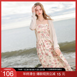 三彩2025夏季新款碎花吊带裙无袖高腰连衣裙显瘦A字裙长裙度假M