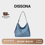 DISSONA迪桑娜女包幸运锦囊hobo包老花包单肩手提包情侣通勤包中性腋下包 牛仔色-大号（肩带可调节）