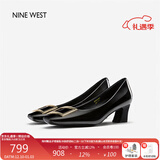 NINE WEST/玖熙牛漆皮革女单鞋优雅方头浅口粗跟通勤鞋NH208005FT黑色 38