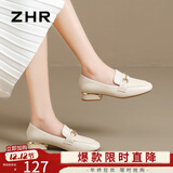 ZHR单鞋女英伦风舒适方头乐福鞋女两穿粗跟透气皮鞋女 K196 米色 35