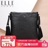 ELLE HOMME 商务男士单肩包 头层牛皮时尚斜挎包大容量竖款男包01941黑色生日礼物送男友