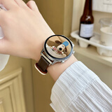 SAE女士智能手表2025皮带新款离线支付跑步运动情侣手环多功能语音助手蓝牙电话圆形腕表 双钉修身咖拼米白 支付·消息查看·接打电话等