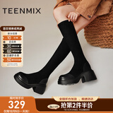 天美意鞋子女鞋商场同款粗跟增高显瘦弹力长靴女时装靴CPB80DG3 黑色 38